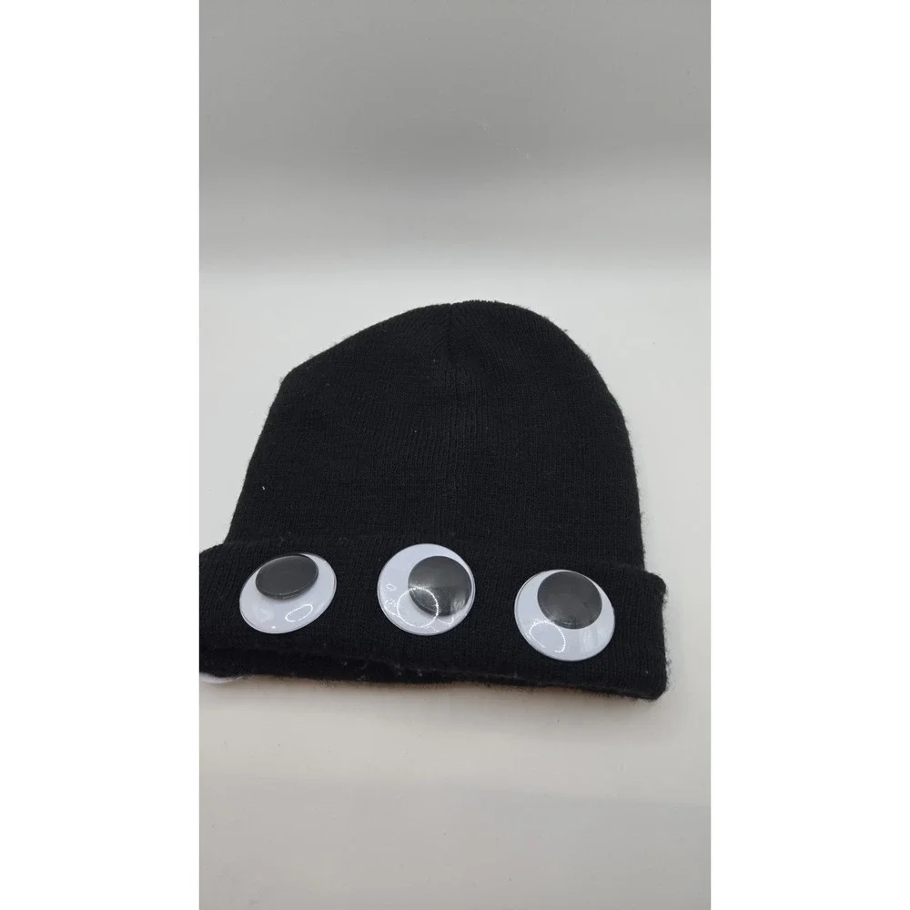 Hand Crafted Black Googly Eyes Beanie Hat Funny Novelty One Size Winter Knit Cap